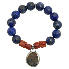 Load image into Gallery viewer, Ancient Roman coin sterling bezel charm red coral blue lapis beaded bracelet