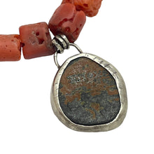 Load image into Gallery viewer, Ancient Roman coin sterling bezel charm red coral blue lapis beaded bracelet