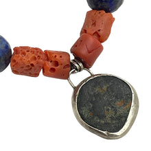 Load image into Gallery viewer, Ancient Roman coin sterling bezel charm red coral blue lapis beaded bracelet
