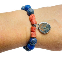 Load image into Gallery viewer, Ancient Roman coin sterling bezel charm red coral blue lapis beaded bracelet