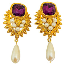 Load image into Gallery viewer, BARRERA for AVON signed gold amethyst pearls designer runway clip on earrings