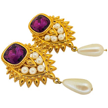 Load image into Gallery viewer, BARRERA for AVON signed gold amethyst pearls designer runway clip on earrings