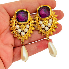 Load image into Gallery viewer, BARRERA for AVON signed gold amethyst pearls designer runway clip on earrings