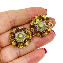 Load image into Gallery viewer, CAROLEE vintage gold tone pearl rhinestone flower designer clip on earrings
