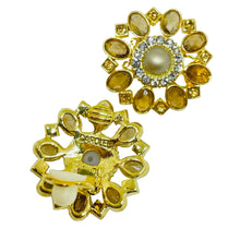Load image into Gallery viewer, CAROLEE vintage gold tone pearl rhinestone flower designer clip on earrings