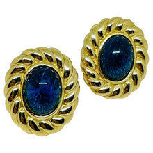 Load image into Gallery viewer, CHRISTIAN DIOR signed vintage gold plated sapphire glass designer clip earrings