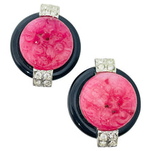 Load image into Gallery viewer, CRAFT signed vintage silver ruby glass black enamel designer clip on earrings