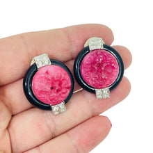 Load image into Gallery viewer, CRAFT signed vintage silver ruby glass black enamel designer clip on earrings