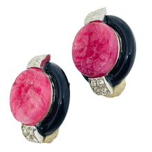 Load image into Gallery viewer, CRAFT signed vintage silver ruby glass black enamel designer clip on earrings
