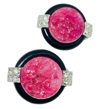 Load image into Gallery viewer, CRAFT signed vintage silver ruby glass black enamel designer clip on earrings