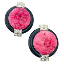 Load image into Gallery viewer, CRAFT signed vintage silver ruby glass black enamel designer clip on earrings