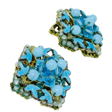 Load image into Gallery viewer, EUGENE signed gold tone blue glass beads enamel designer clip on earrings