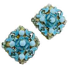 Load image into Gallery viewer, EUGENE signed gold tone blue glass beads enamel designer clip on earrings