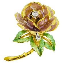 Load image into Gallery viewer, GRAZIANO England's Rose 97 vintage gold rhinestones enamel rose designer brooch