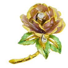 Load image into Gallery viewer, GRAZIANO England's Rose 97 vintage gold rhinestones enamel rose designer brooch