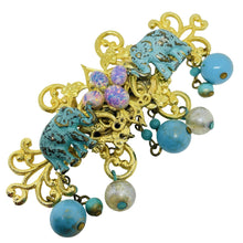Load image into Gallery viewer, LIZ SOTO vintage gold tone faux turquoise opal pearls designer brooch