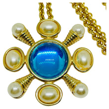 Load image into Gallery viewer, KJL KENNETH JAY LANE signed vintage gold pearl blue glass brooch necklace