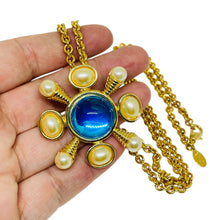Load image into Gallery viewer, KJL KENNETH JAY LANE signed vintage gold pearl blue glass brooch necklace