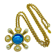 Load image into Gallery viewer, KJL KENNETH JAY LANE signed vintage gold pearl blue glass brooch necklace