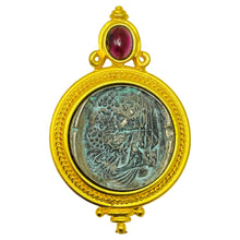 Load image into Gallery viewer, LINDA LEVINSON signed vintage gold tone ancient coin designer pendant necklace