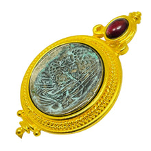 Load image into Gallery viewer, LINDA LEVINSON signed vintage gold tone ancient coin designer pendant necklace