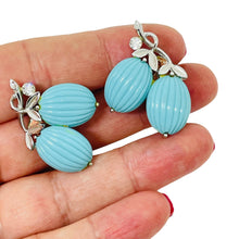 Load image into Gallery viewer, LISNER signed vintage silver faux turquoise rhinestone designer clip on earrings