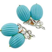 Load image into Gallery viewer, LISNER signed vintage silver faux turquoise rhinestone designer clip on earrings