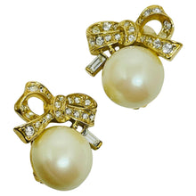 Load image into Gallery viewer, NINA RICCI signed vintage gold tone pearl rhinestone bow designer clip earrings
