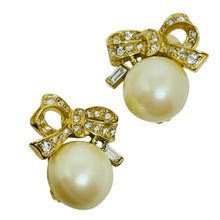 Load image into Gallery viewer, NINA RICCI signed vintage gold tone pearl rhinestone bow designer clip earrings