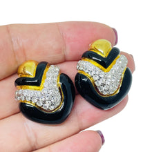 Load image into Gallery viewer, REPLICA signed vintage gold plated enamel rhinestones designer clip on earrings