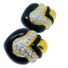 Load image into Gallery viewer, REPLICA signed vintage gold plated enamel rhinestones designer clip on earrings