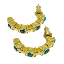 Load image into Gallery viewer, SWAROVSKI swan signed vintage gold emerald crystals designer small hoop earrings