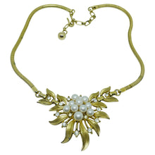 Load image into Gallery viewer, TRIFARI crown signed gold pearl rhinestone flower designer necklace
