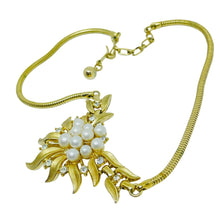 Load image into Gallery viewer, TRIFARI crown signed gold pearl rhinestone flower designer necklace