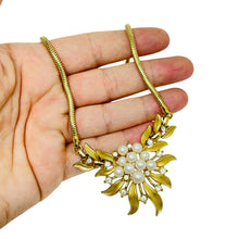 Load image into Gallery viewer, TRIFARI crown signed gold pearl rhinestone flower designer necklace