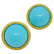 Load image into Gallery viewer, TRIFARI crown signed gold tone faux turquoise designer clip on earrings
