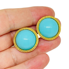 Load image into Gallery viewer, TRIFARI crown signed gold tone faux turquoise designer clip on earrings