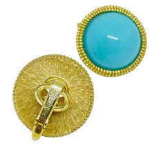 Load image into Gallery viewer, TRIFARI crown signed gold tone faux turquoise designer clip on earrings