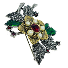 Load image into Gallery viewer, Vintage AVON signed silver gold tone pearls rhinestones flower designer brooch