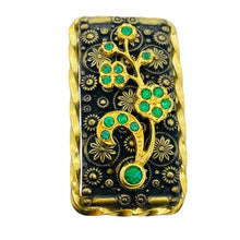 Load image into Gallery viewer, Vintage CZECHO signed gold plated emerald rhinestones brooch