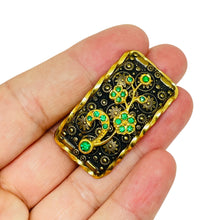 Load image into Gallery viewer, Vintage CZECHO signed gold plated emerald rhinestones brooch