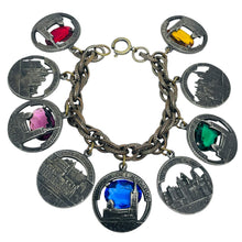 Load image into Gallery viewer, Vintage French castles churches silver tone glass charm chain bracelet