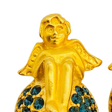 Load image into Gallery viewer, Vintage KARL LAGERFELD gold sapphire cherub designer runway clip on earrings