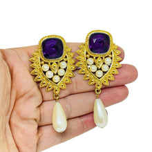 Load image into Gallery viewer, Vintage SHIALL JHAVERI for AVON signed gold amethyst pearls designer earrings