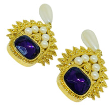 Load image into Gallery viewer, Vintage SHIALL JHAVERI for AVON signed gold amethyst pearls designer earrings