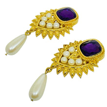 Load image into Gallery viewer, Vintage SHIALL JHAVERI for AVON signed gold amethyst pearls designer earrings