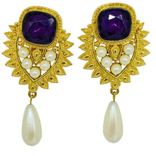 Load image into Gallery viewer, Vintage SHIALL JHAVERI for AVON signed gold amethyst pearls designer earrings