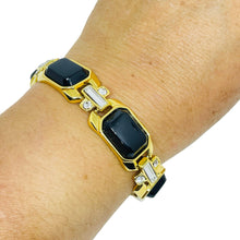 Load image into Gallery viewer, Vintage TRIFARI signed gold tone black rhinestones designer bracelet