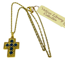 Load image into Gallery viewer, Vintage VATICAN LIBRARY COLLECTION gold tone sapphire cz cross chain necklace