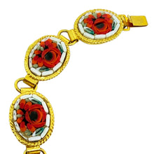 Load image into Gallery viewer, Vintage WD ITALE signed gold plated micro mosaic stones flower link bracelet
